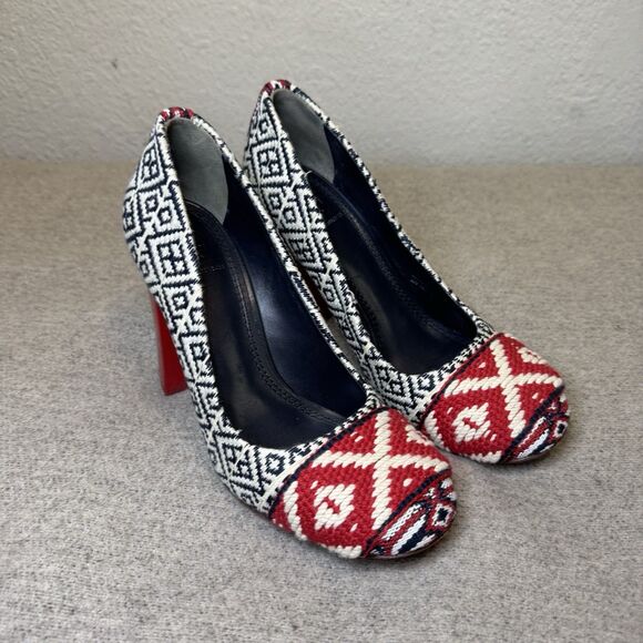 Tory Burch Dara Pumps 7 Women Woven Navy Red Heels 4” Boho Aztec Southwest Logo - Picture 1 of 9